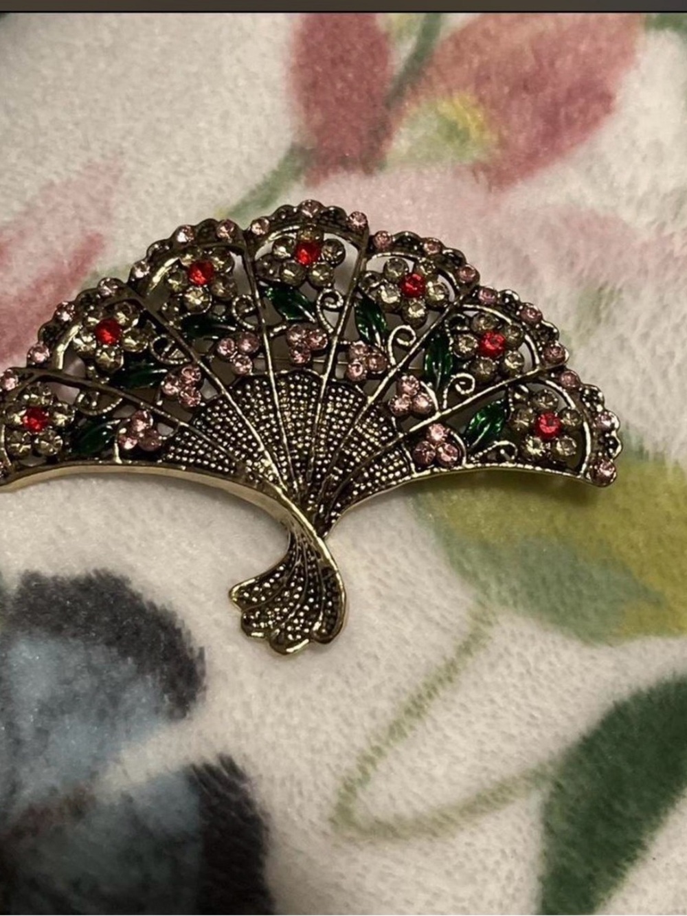 Antique-Style Fan Brooch with Pink, Red and Green Accents - Picture 2 of 6